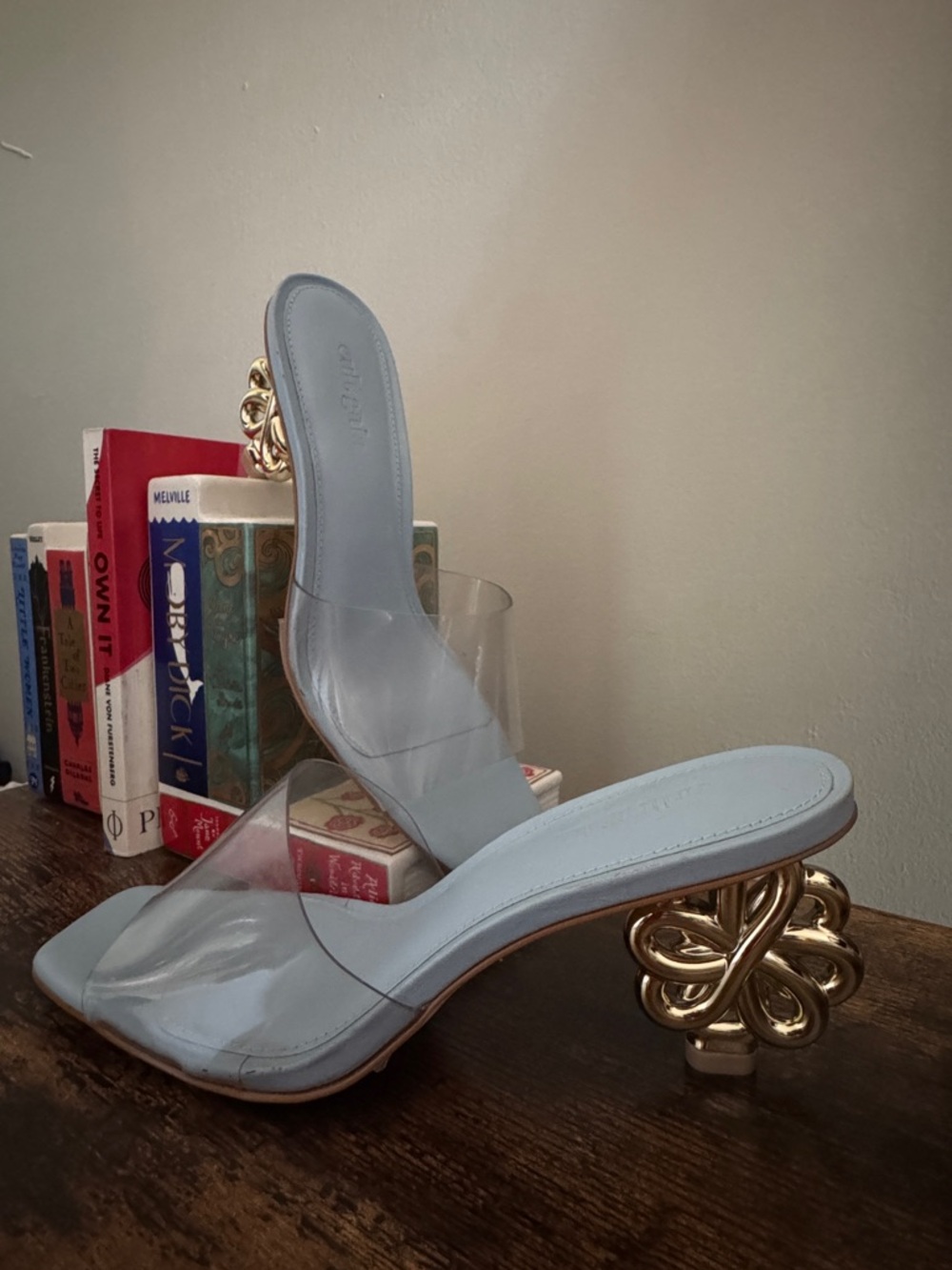 CULT GAIA Clear Strap Light Blue Mule sandal whimsical Gold Heel - never worn